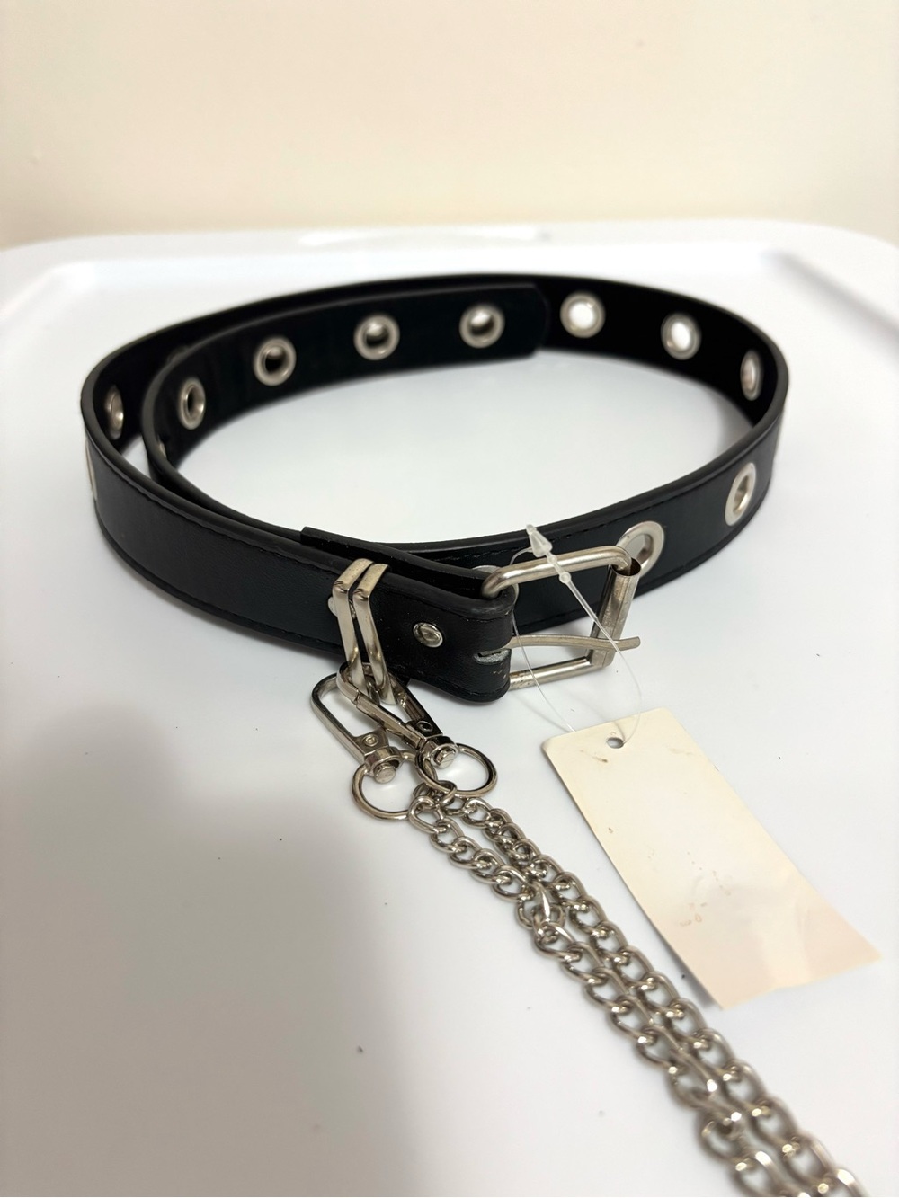 NWT Black Grommet Belt with Silver Layered Chain Accessory